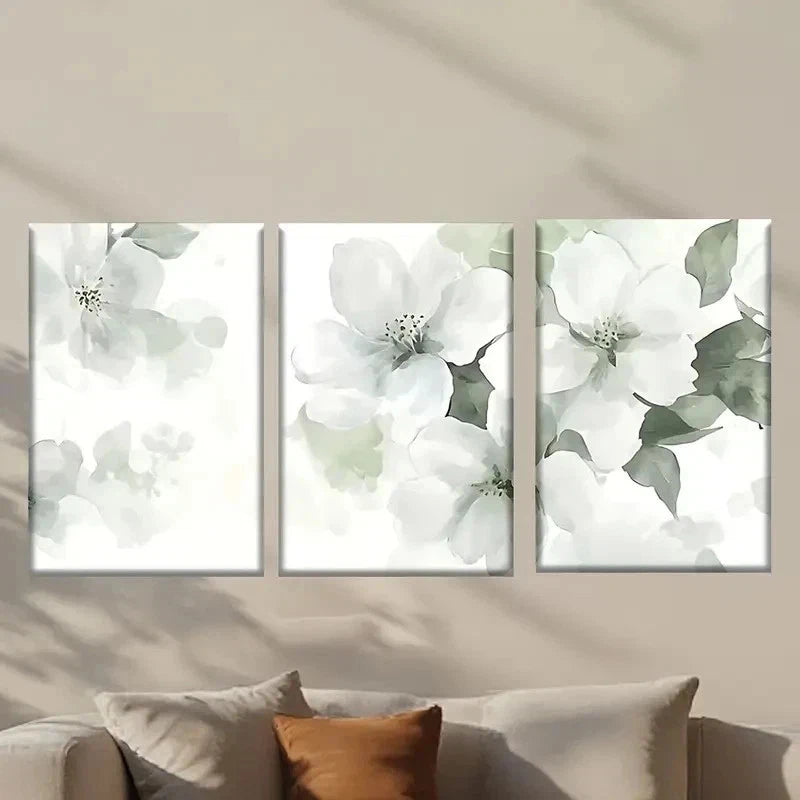 3pcs White Flower with Green Leaves Wall Art Set Canvas Framed 50x70cm - High Quality Print 100% Australian Made Wall Canvas Ready to Hang