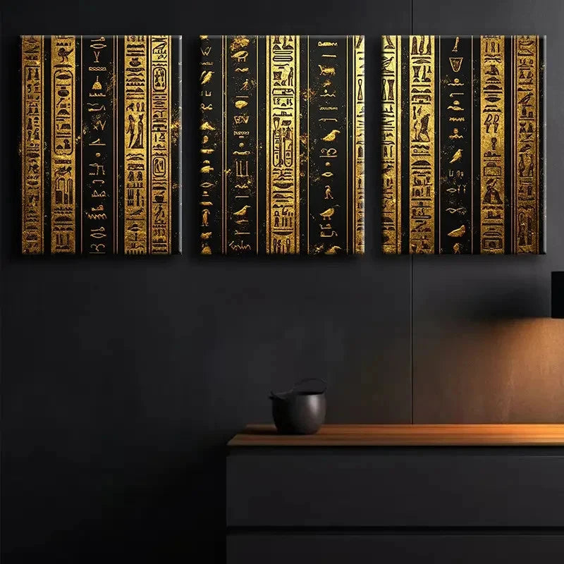 3pcs Golden Egyptian Hieroglyphics Metal Print Ready to Hang Art - Bella Home Decor