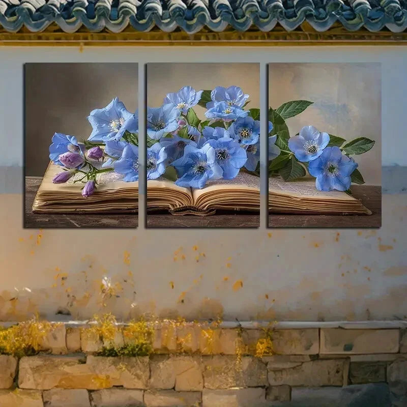 3pcs Vibrant Blue Wildflowers Floral Book Bloom Metal Print Ready to Hang Art - Bella Home Decor