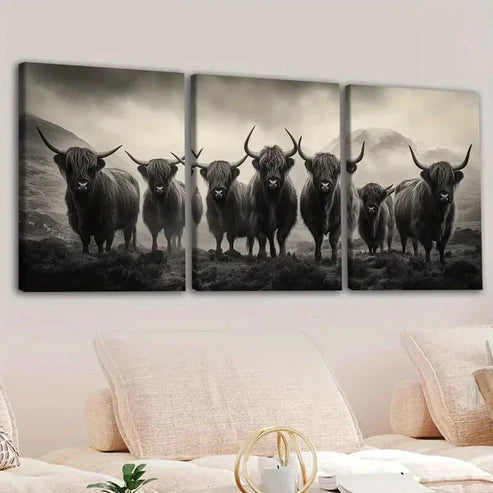 3pcs Animal Highland Cattle Gray White Cool Yaks Wall Art Set Canvas Unframed - High Quality Print 100% Australian Made Wall Canvas - Bella Home Decor