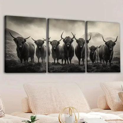 3pcs Animal Highland Cattle Gray White Cool Yaks Wall Art Set Canvas Unframed - High Quality Print 100% Australian Made Wall Canvas - Bella Home Decor