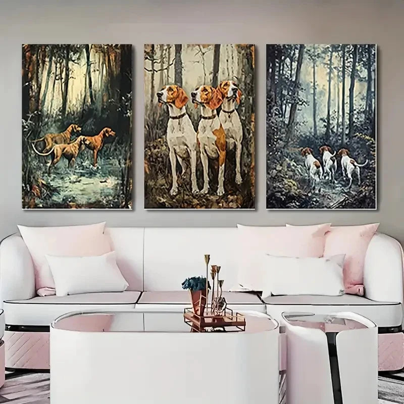 3pcs Vibrant Hunting Scene Dog Wall Art Canvas Framed 40x60cm - High Quality Print 100% Australian Made Wall Canvas Ready to Hang