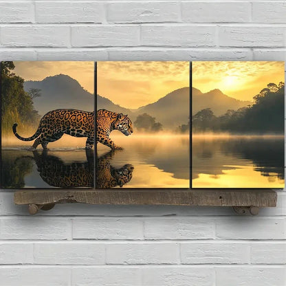 3pcs Leopard On River Mountain Sunset Metal Print Ready to Hang Art - Bella Home Decor