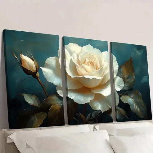 3pcs Elegant White Rose Wall Art Canvas Unframed - High Quality Print 100% Australian Made Wall Canvas - Bella Home Decor