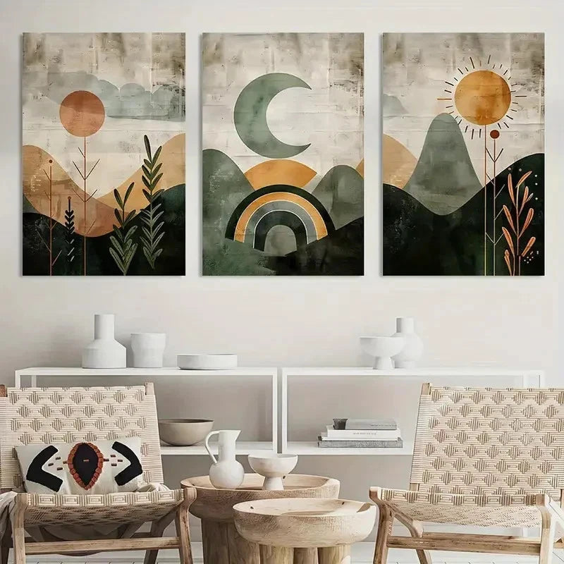 3pcs Abstract Landscape Painting Boho Wall Art Metal Print Ready to Hang Art - Bella Home Decor