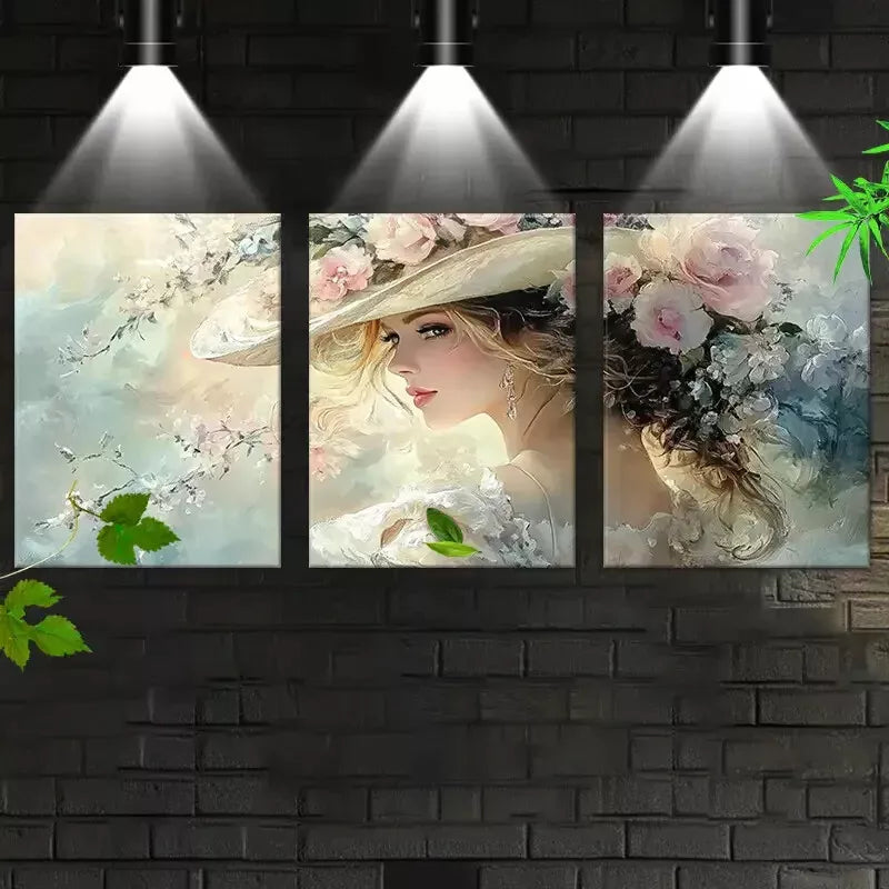 3pcsBeautiful Fashion Lady with Floral Hat Art Set Canvas Framed 50x70cm - High Quality Print 100% Australian Made Wall Canvas Ready to Hang