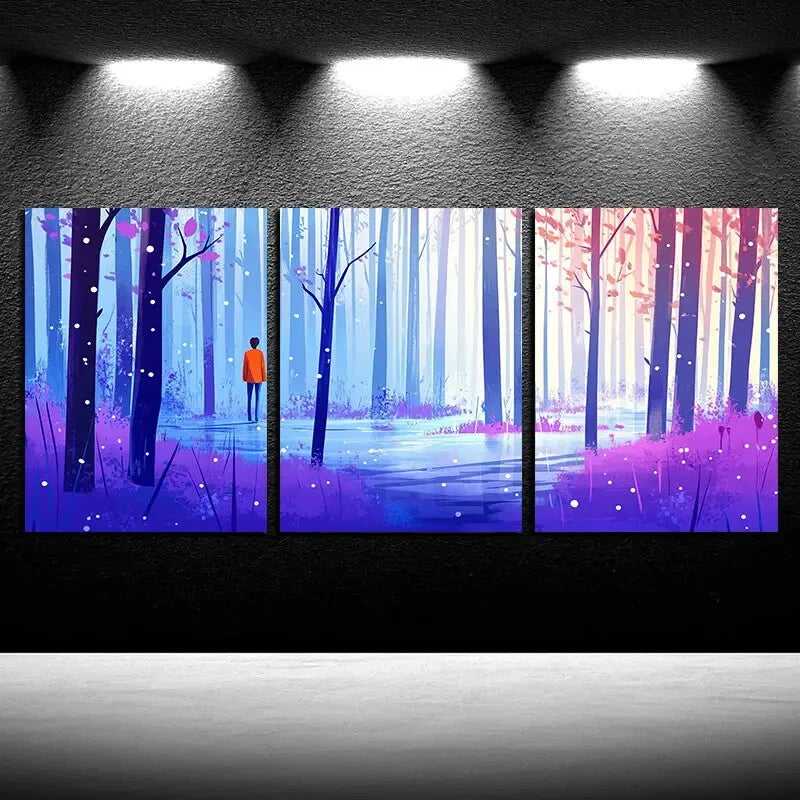 3pcs Vibrant People in the Forest Illustration Metal Print Ready to Hang Art