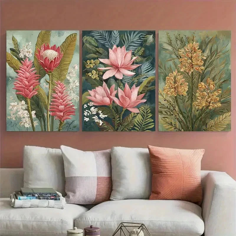 3pcs Vintage Indonesian Floral Illustration Wall Art Set Canvas Framed 60x90cm - High Quality Print 100% Australian Made Wall Canvas Ready to Hang