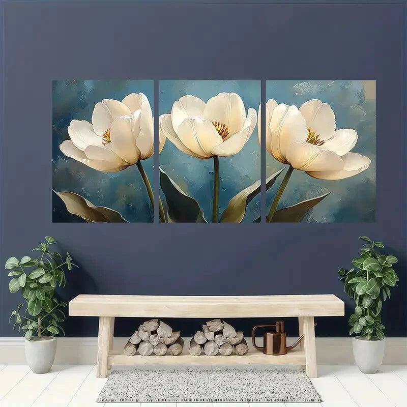 3pcs White Tulips Floral Watercolor Art Prints Metal Print Ready to Hang Art - Bella Home Decor
