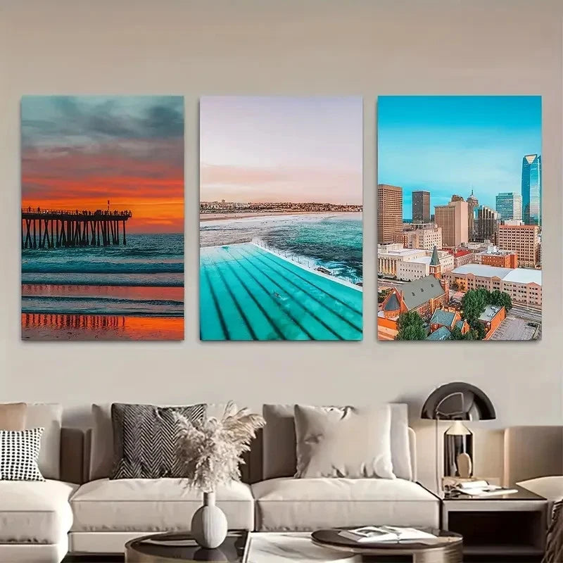 3pcs Hermosa Beach Travel, Street Metal Print Ready to Hang Art