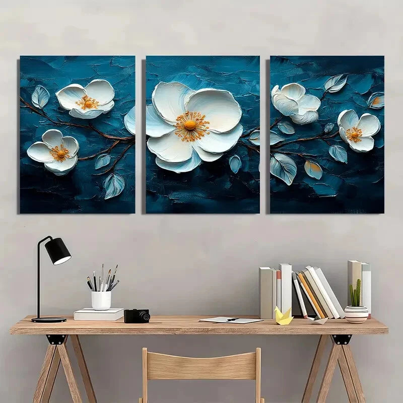 3pcs Floral Abstract Oil Paintings White Flowers Metal Print Ready to Hang Art - Bella Home Decor