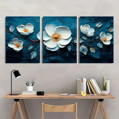 3pcs Floral Abstract Oil Paintings White Flowers Metal Print Ready to Hang Art - Bella Home Decor