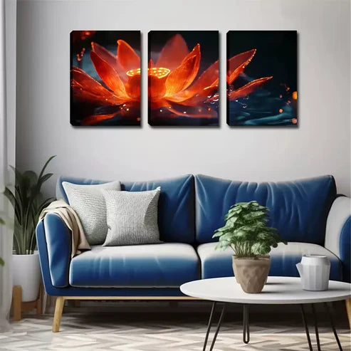 3pcs Vibrant Red Lotus Flower with Golden Accent Wall Art Canvas Unframed - High Quality Print 100% Australian Made Wall Canvas