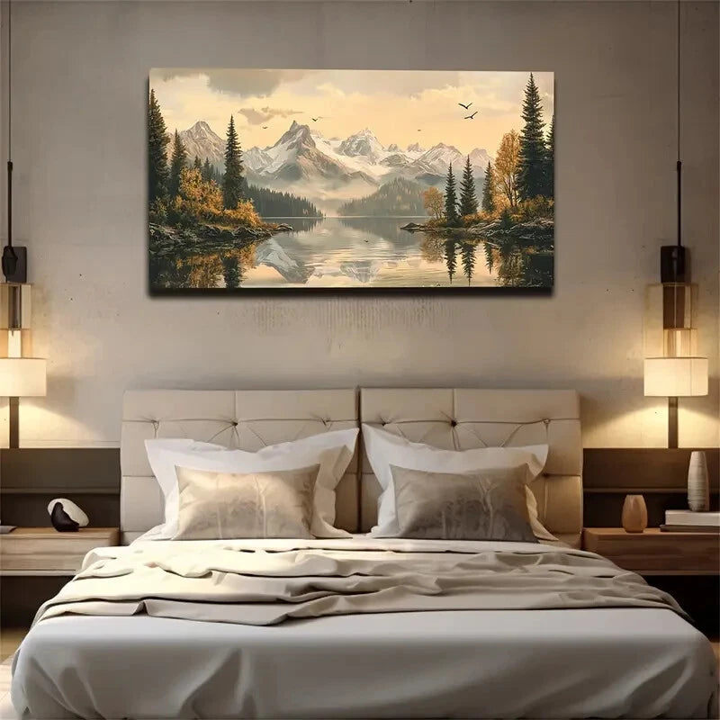 Snow Mountains Misty Pine Tree Wall Art Canvas Office Home Room Framed 120x60cm - Bella Home Decor