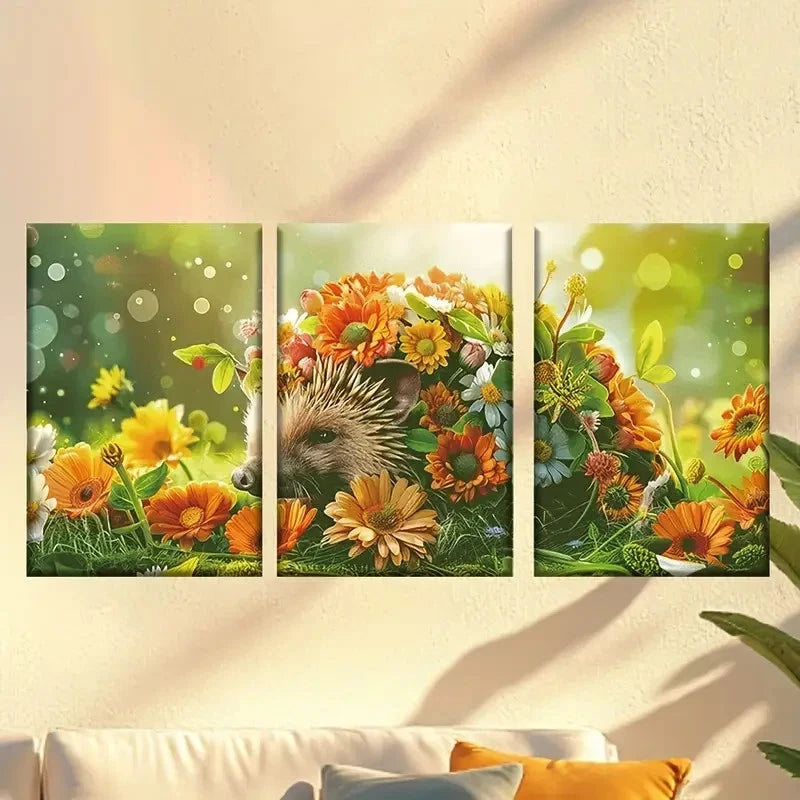 3pcs Cute floral hedgehog Wall Art Set Canvas Framed 60x90cm - High Quality Print 100% Australian Made Wall Canvas Ready to Hang - Bella Home Decor