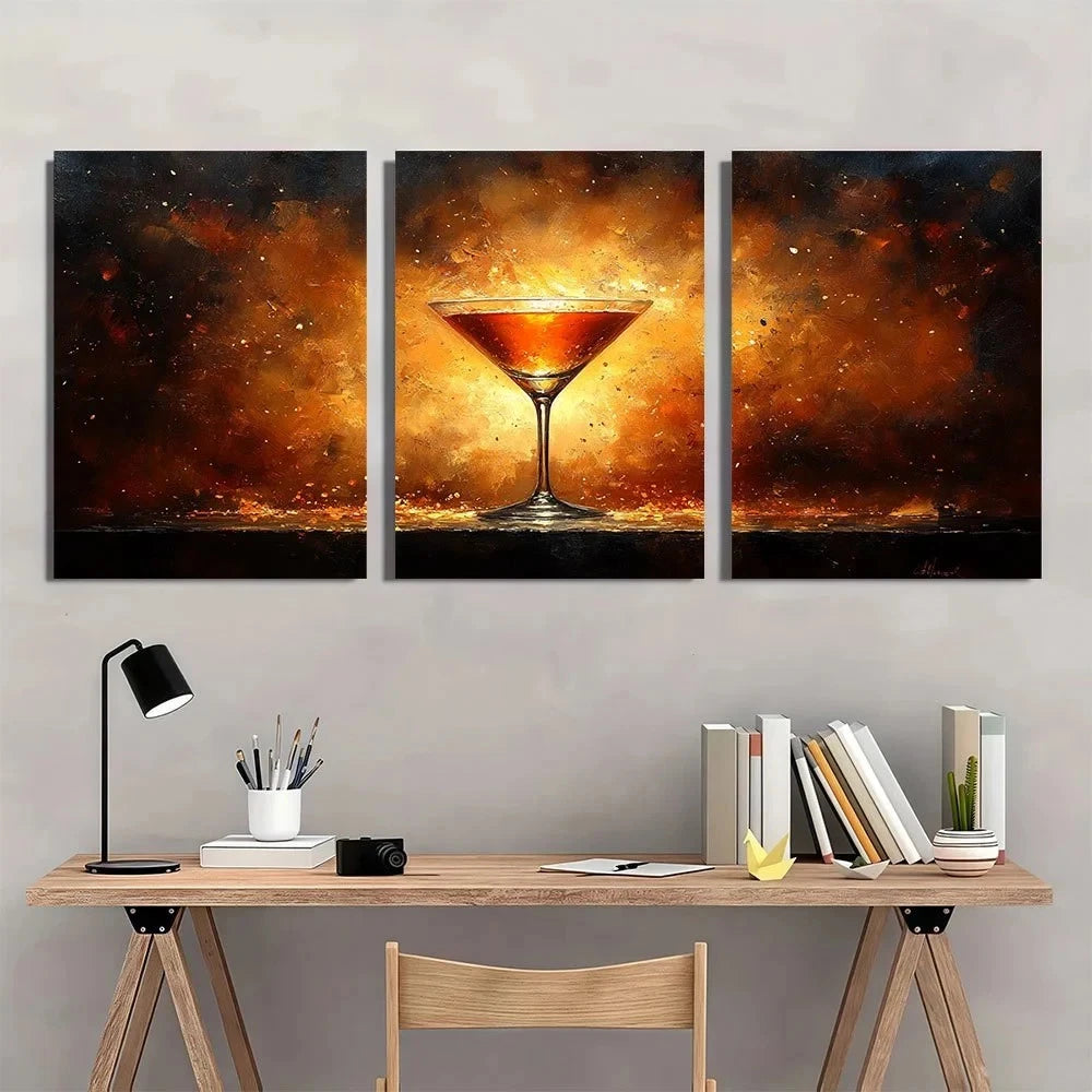 3pcs Alcohol Painting Wine Glass Metal Print Ready to Hang Art - Bella Home Decor