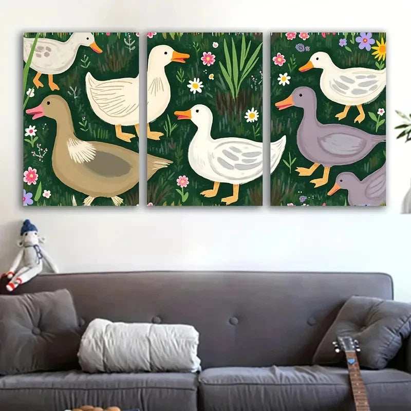 3pcs Whimsical Duck Family Meadow Scene Wall Art Set Canvas Framed 40x60cm - High Quality Print 100% Australian Made Wall Canvas Ready to Hang