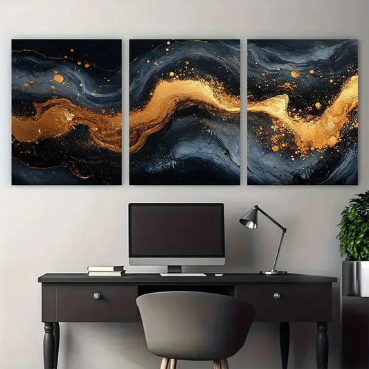 3pcs Marble Effect in Golden Black Fluid Abstract Metal Print Ready to Hang Art