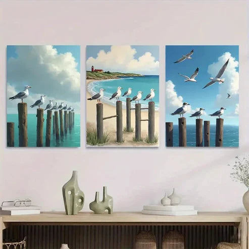 3pcs Modern Classic Beach Scene With Lighthouse Wall Art Set Canvas Unframed - High Quality Print 100% Australian Made Wall CanvasB
