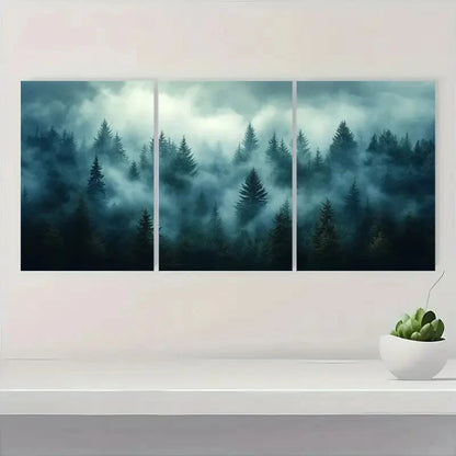 3pcs Misty Pine Forest Modern Nature Metal Print Ready to Hang Art - Bella Home Decor