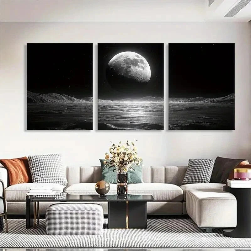 3pcs Black and White Moonlit Ocean Calm Perfect Wall Art Set Canvas Framed 40x60cm - High Quality Print 100% Australian Made Wall Canvas Ready to Hang