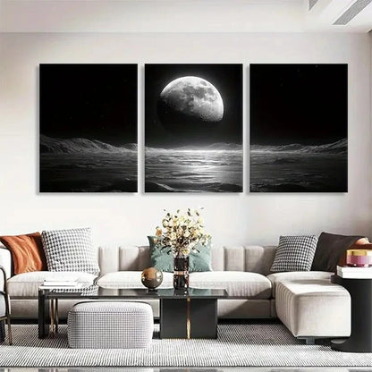 3pcs Black and White Moonlit Ocean Calm Perfect Wall Art Set Canvas Framed 40x60cm - High Quality Print 100% Australian Made Wall Canvas Ready to Hang