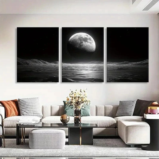 3pcs Black and White Moonlit Ocean Calm Perfect Wall Art Set Canvas Framed 40x60cm - High Quality Print 100% Australian Made Wall Canvas Ready to Hang