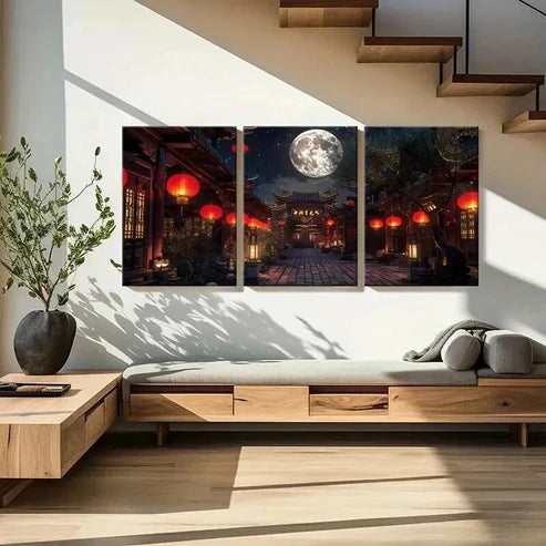 3pcs Traditional Architecture Lantern in Moonlit Wall Art Canvas Unframed - High Quality Print 100% Australian Made Wall Canvas
