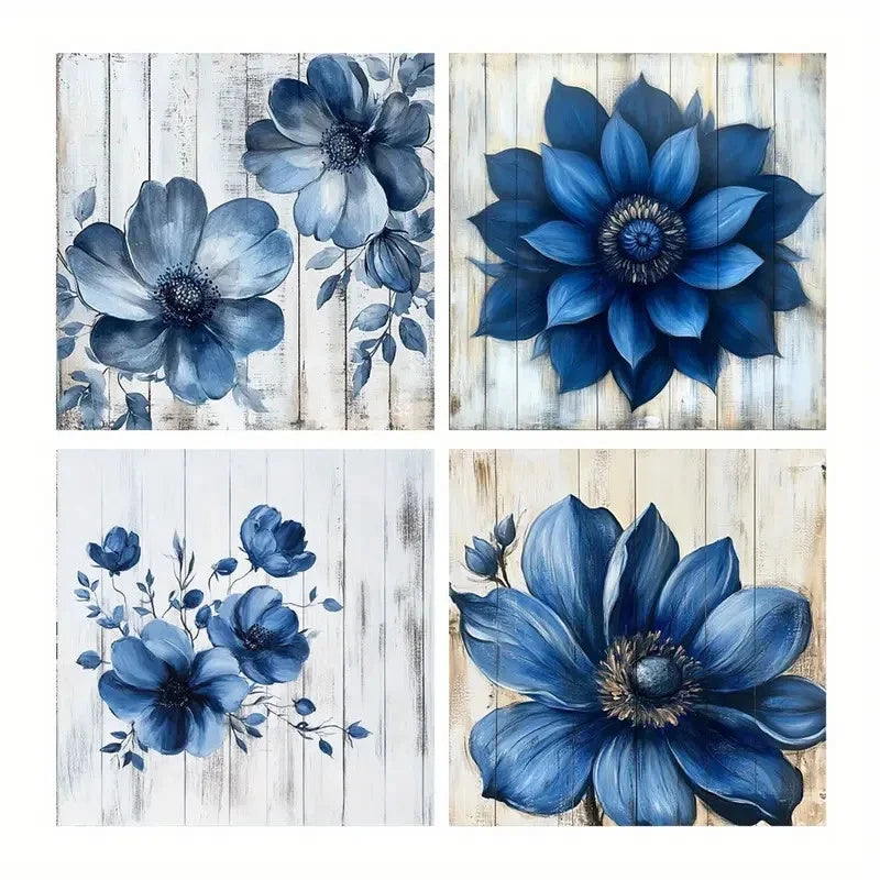 4pcs Blue Floral Watercolor Canvas Wall Art Canvas Framed