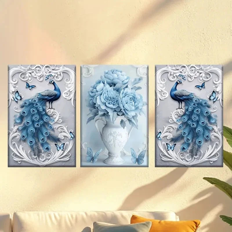 3pcs Peacock, vase filled with flowers Wall Art Set Canvas Framed 60x90cm - High Quality Print 100% Australian Made Wall Canvas Ready to Hang