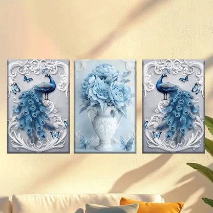 3pcs Peacock, vase filled with flowers Wall Art Set Canvas Framed 60x90cm - High Quality Print 100% Australian Made Wall Canvas Ready to Hang