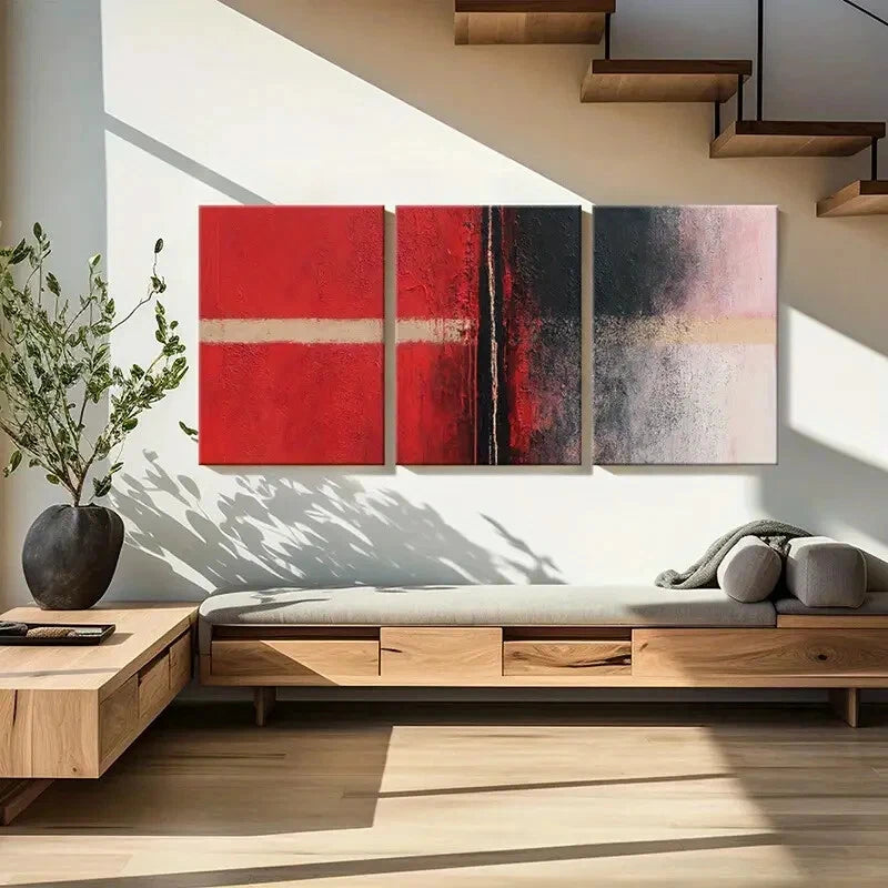 3pcs Abstract Art Red Black White Palette Metal Print Ready to Hang Art - Bella Home Decor
