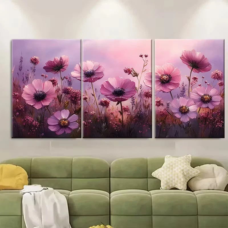 3pcs Pink Wildflowers Purple Skies Metal Print Ready to Hang Art