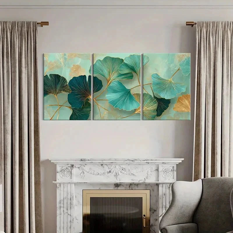 3pcs Ginkgo Leaves Elegant Teal Golden Accents Metal Print Ready to Hang Art - Bella Home Decor