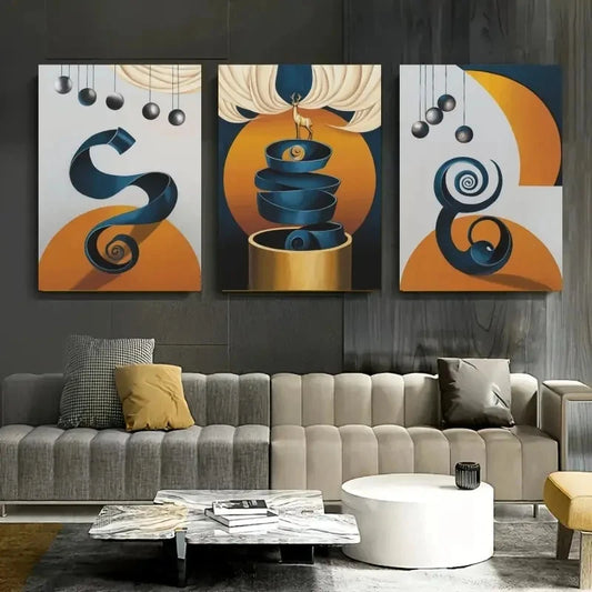 3pcs Abstract Sculpture Blue, Orange & Golden Wall Art Set Canvas Framed 50x70cm - High Quality Print 100% Australian Made Wall Canvas Ready to Hang