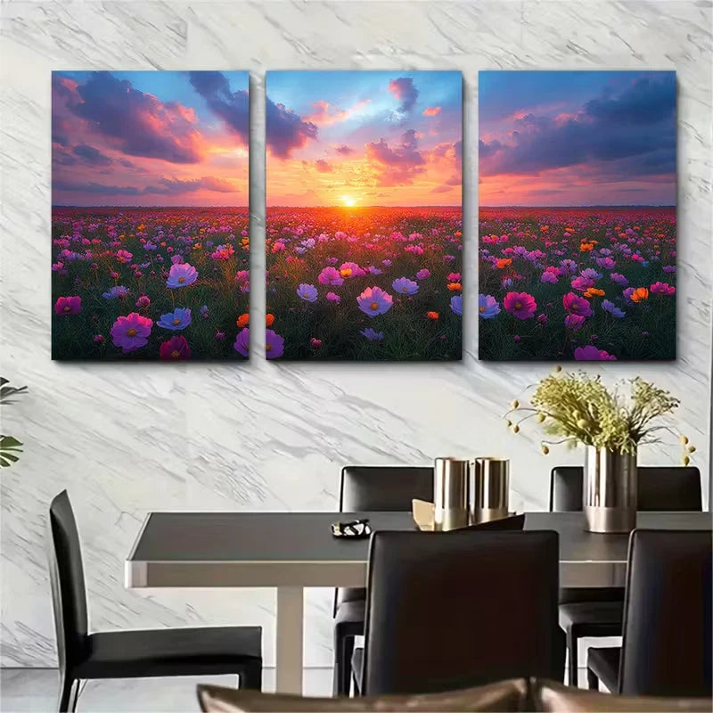 3pcs Vibrant Sunset Cosmos Meadow Metal Print Ready to Hang Art