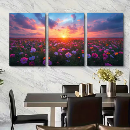 3pcs Vibrant Sunset Cosmos Meadow Metal Print Ready to Hang Art