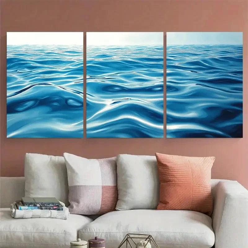 3pcs Coastal Timeless Blue Lake Ripple Abstract Wall Art Set Canvas Framed 60x90cm - High Quality Print 100% Australian Made Wall Canvas Ready to Hang - Bella Home Decor