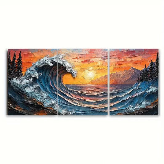 3pcs Textured Coastal Oil Painting Metal Print Ready to Hang Art