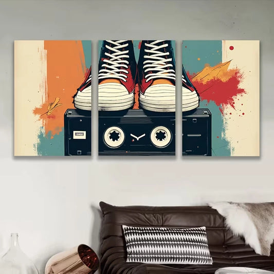 3pcs Vibrant Sneaker & Cassette Tape Metal Print Ready to Hang Art