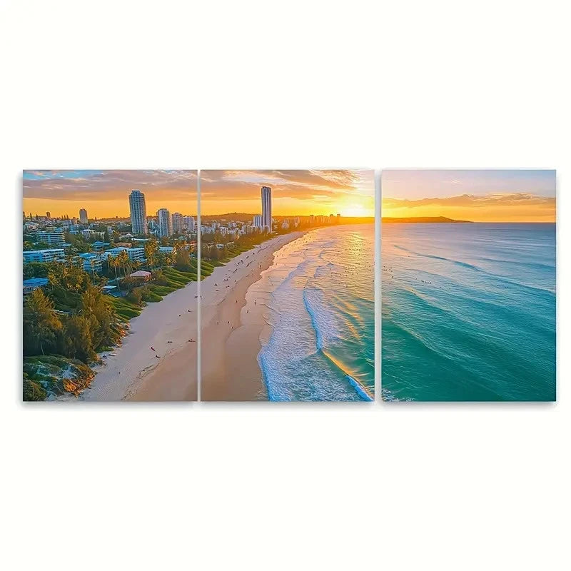 3pcs Burleigh Beach Travel Print Australia Wall Art Set Canvas Framed 50x70cm - High Quality Print 100% Australian Made Wall Canvas Ready to Hang - Bella Home Decor