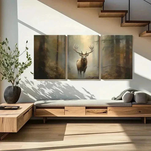3pcs Vintage Red Deer in Foggy Forest Wall Art Set Canvas Unframed - High Quality Print 100% Australian Made Wall Canvas