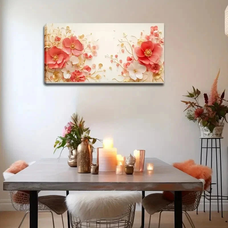 White Floral With Golden Leaf Wall Art Canvas Office Home Room Framed 120x60cm - Bella Home Decor