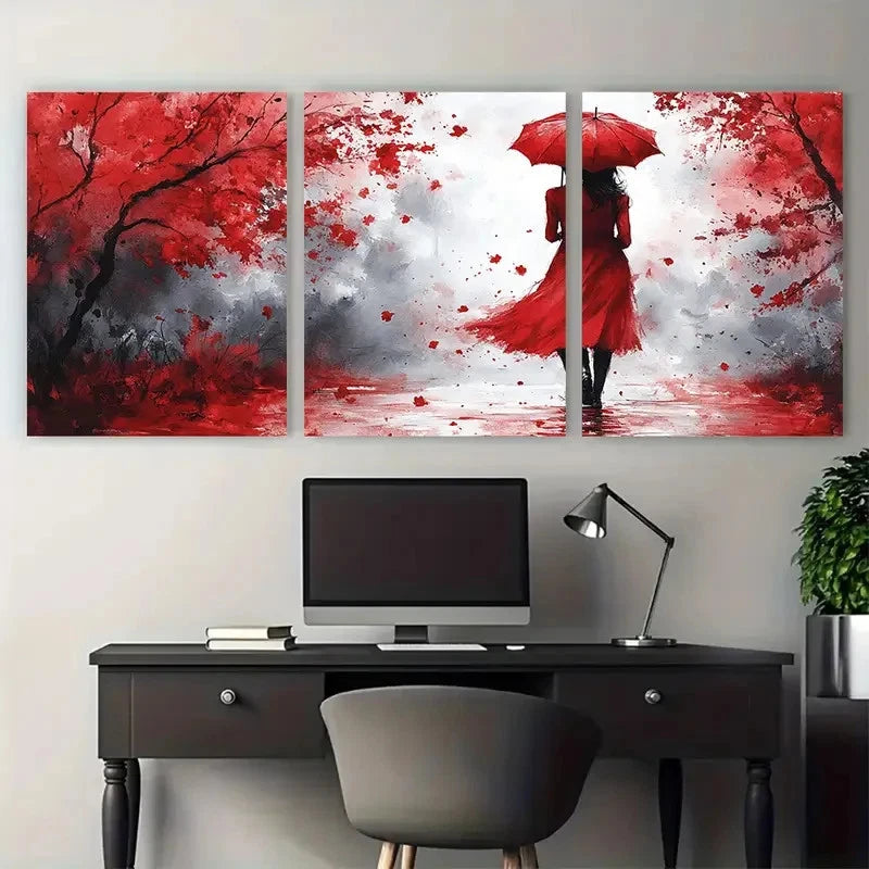3pcs Watercolor Lady in Red with Umbrella Design Metal Print Ready to Hang Art - Bella Home Decor