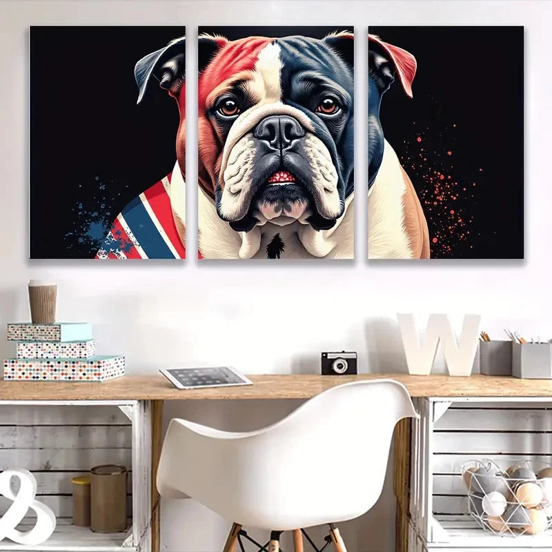 3pcs Bulldog Patriotic & British Flags Design A    Wall Art Set Canvas Framed 50x70cm - High Quality Print 100% Australian Made Wall Canvas Ready to Hang - Bella Home Decor