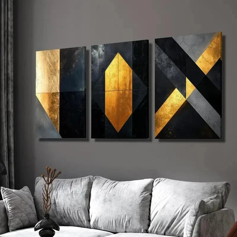 3pcs Golden and Black Geometric Marble Texture Wall Art Set Canvas Framed 60x90cm - High Quality Print 100% Australian Made Wall Canvas Ready to Hang