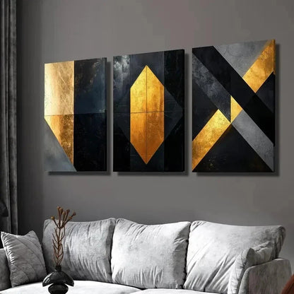 3pcs Golden and Black Geometric Marble Texture Wall Art Set Canvas Framed 60x90cm - High Quality Print 100% Australian Made Wall Canvas Ready to Hang