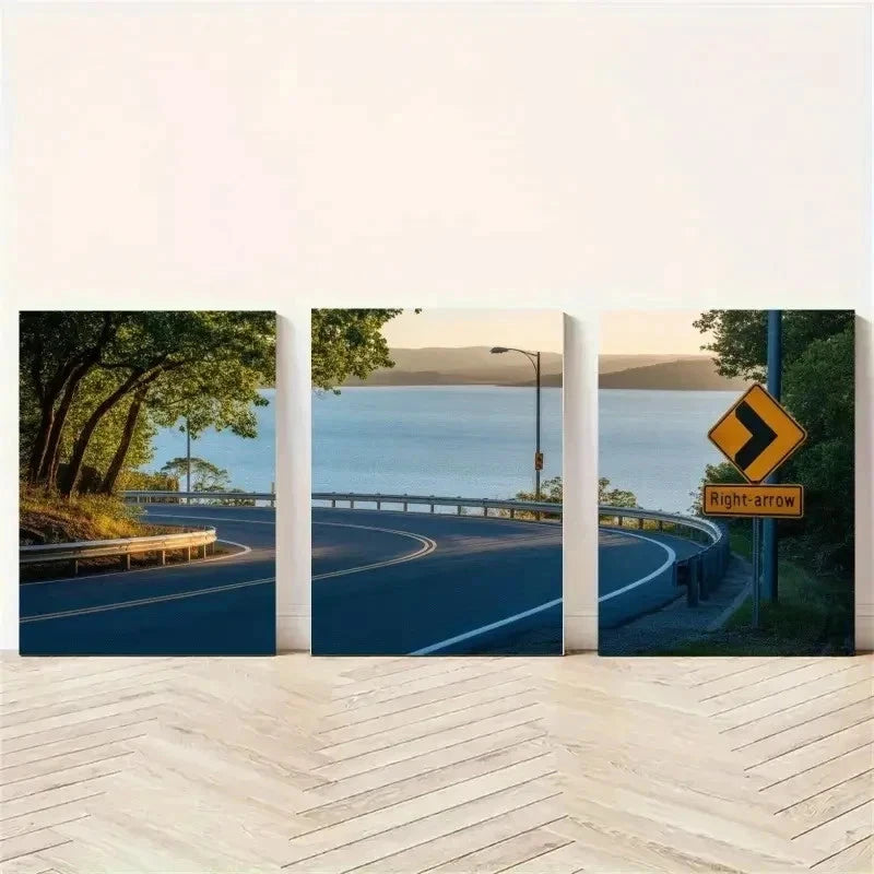 3pcs Blue Lake, Curved Road, Green Trees Wall Art Set Canvas Framed 40x60cm - High Quality Print 100% Australian Made Wall Canvas Ready to Hang - Bella Home Decor