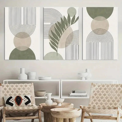 3pcs Sage Green Abstract Leaf & Geometric Design Metal Print Ready to Hang Art - Bella Home Decor