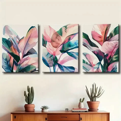 3pcs Modern Abstract Painting Of Plant Leaves Canvas Framed 60x90 cm - High Quality Print 100% Australian Made Wall Canvas Ready to Hang